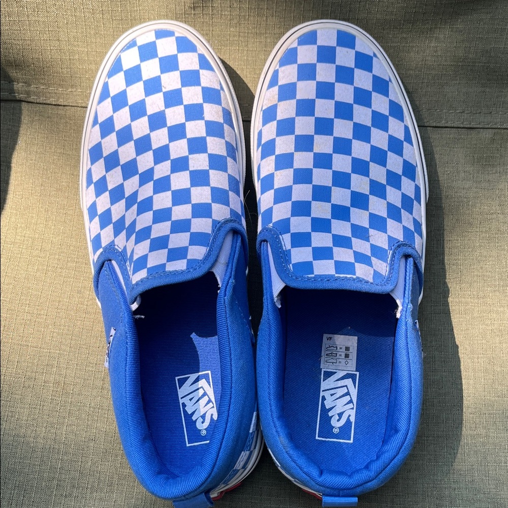 Vans Kids Blue and White Checkered Slip-On Sneakers